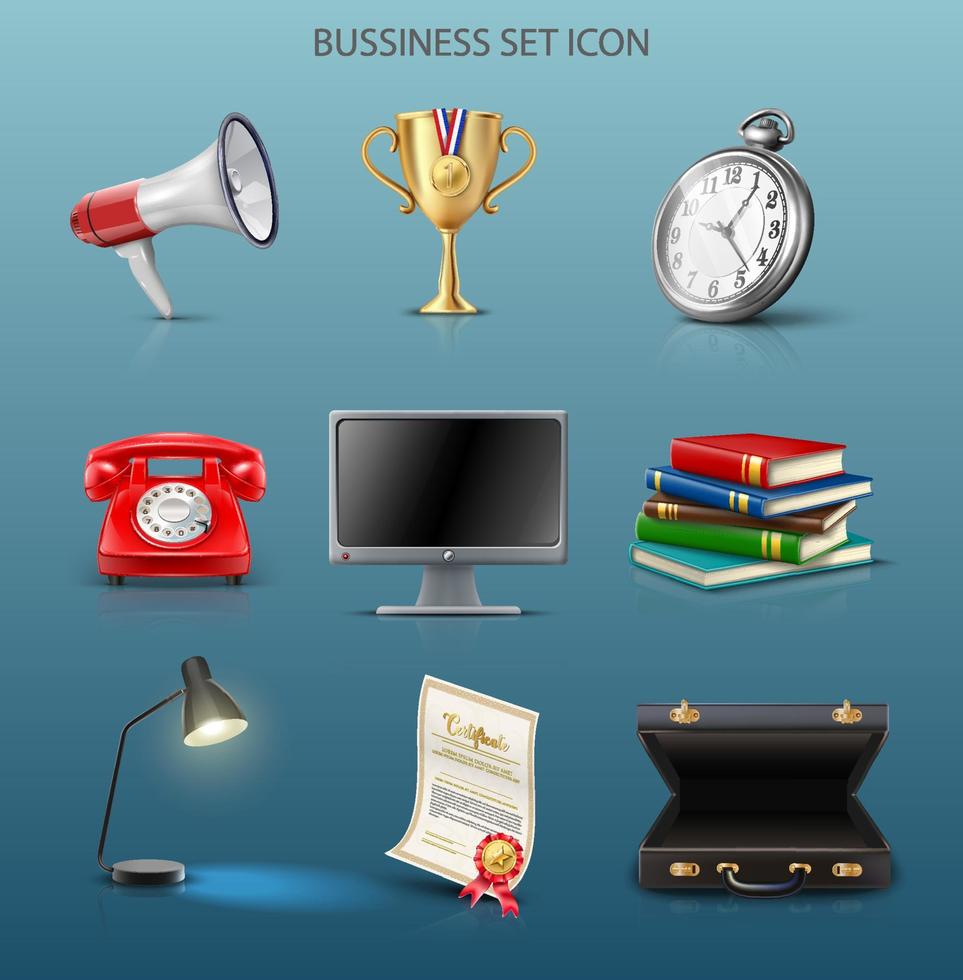 Conjunto de negocios de icono de vector realista 3d. computadora, libros, maletín, teléfono, lámpara, reloj, trofeo.