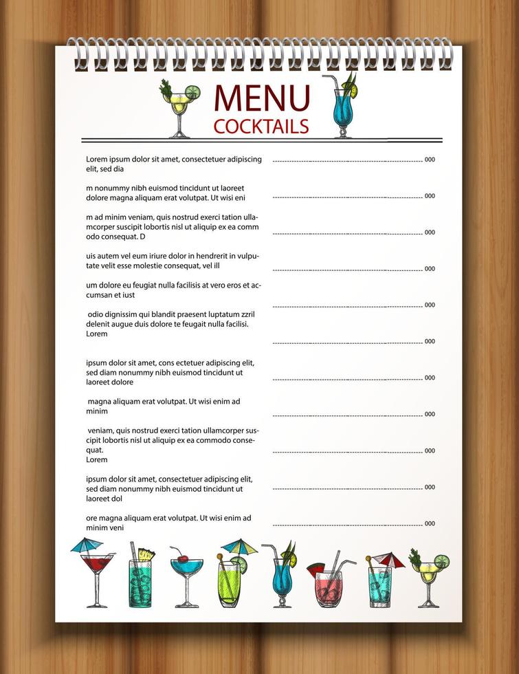 Vector bar and restaurant drinks menu template with hand drawn colorful collection of cocktails on the wooden background.
