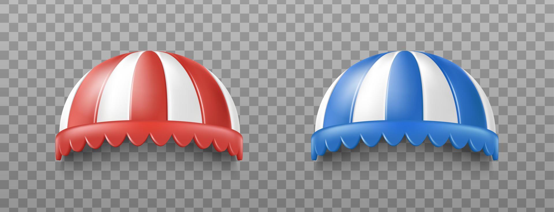 Conjunto de iconos vectoriales realistas en 3D. Toldo rojo y azul para restaurantes y toldos de café, tienda emergente. vector