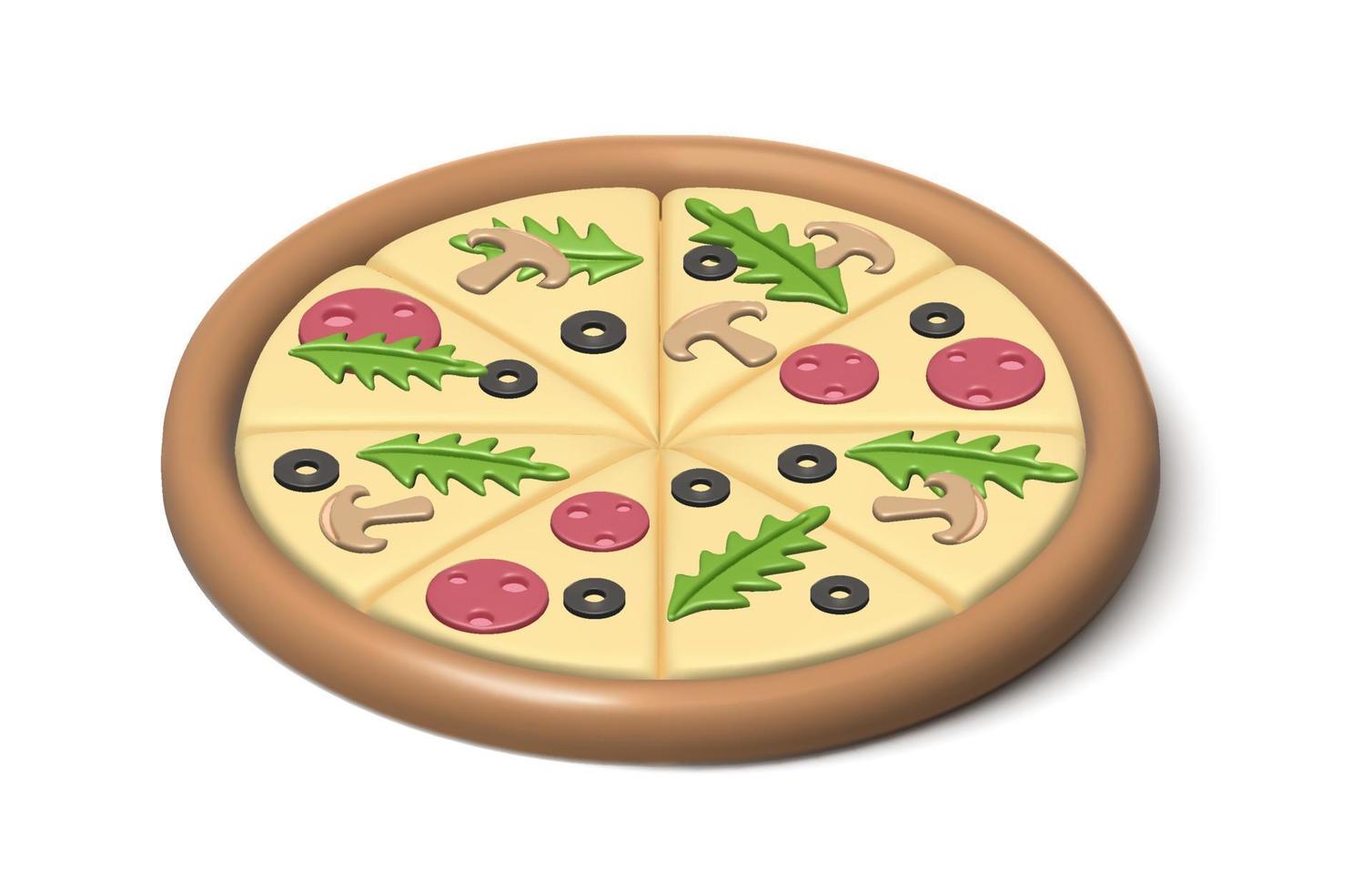 3d realistic icon. Pizza with ruccola and mushroom and salame. Isolated on white background. vector