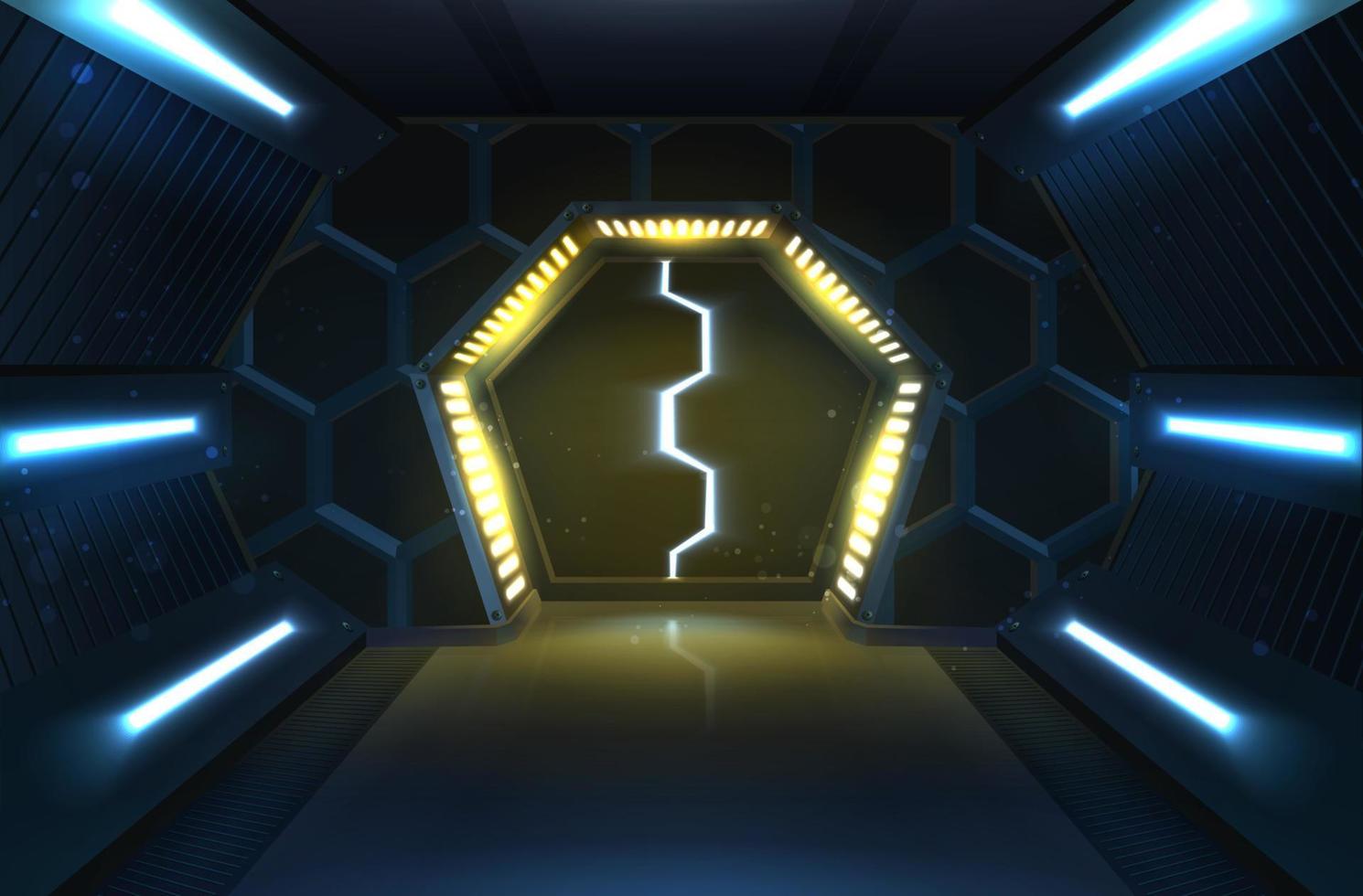 3d realistic vector illustration banner. Sci-fi sliding spaceship metal doors with neon lightning.