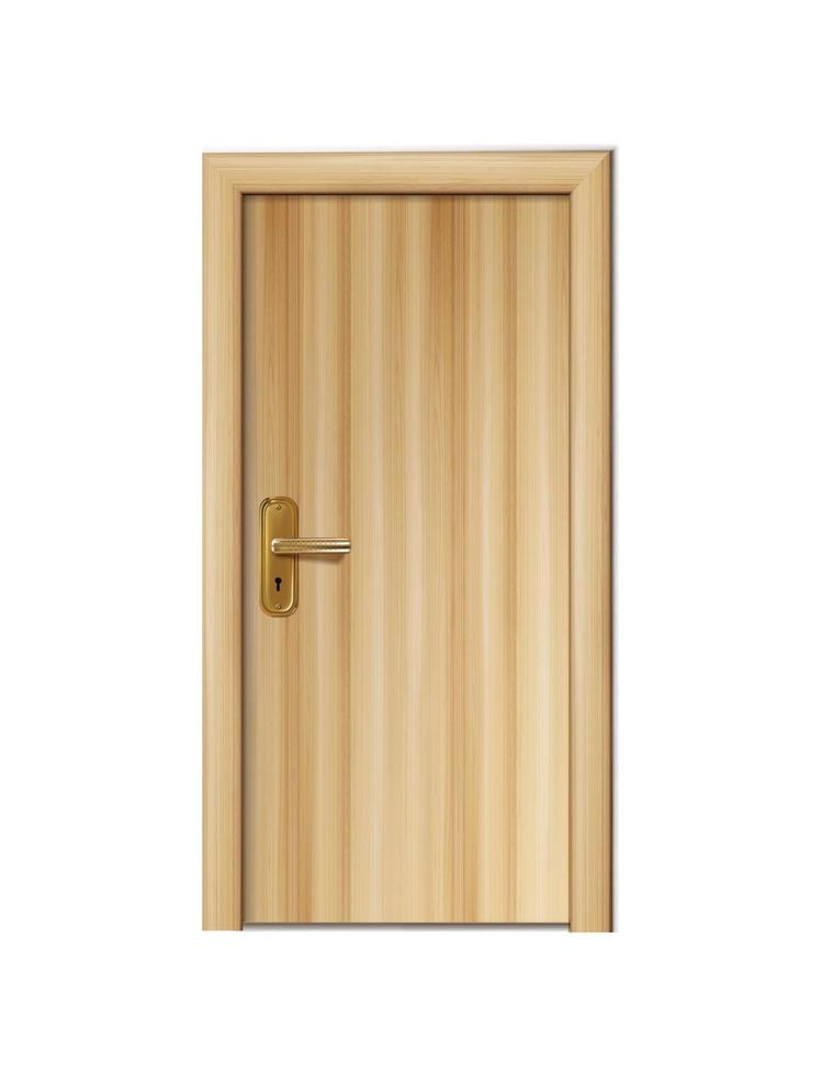 3d realistic vector icon. Old antique wooden door with golden handle.