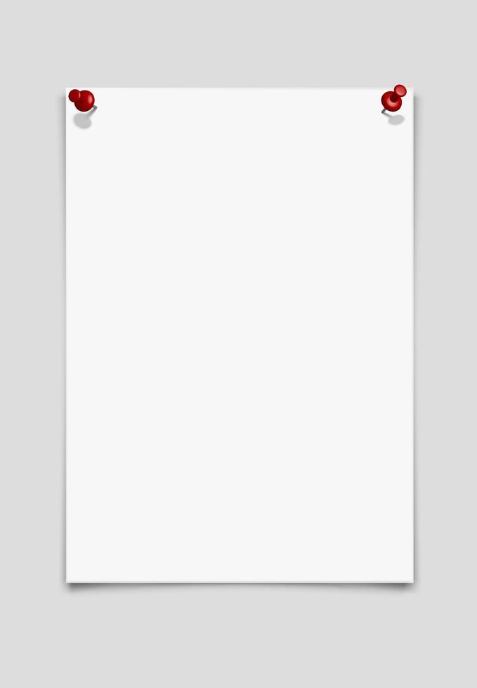 Hoja de papel vectorial realista 3d aislada en fondo gris con alfileres rojos. vector