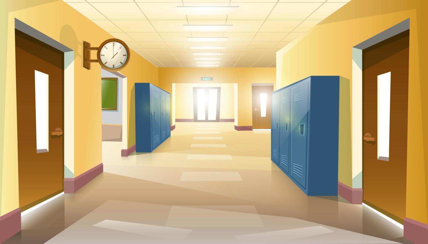 Pasillo escolar estilo caricatura vectorial con puertas abiertas de clases con mesas y sillas de estudio. vector