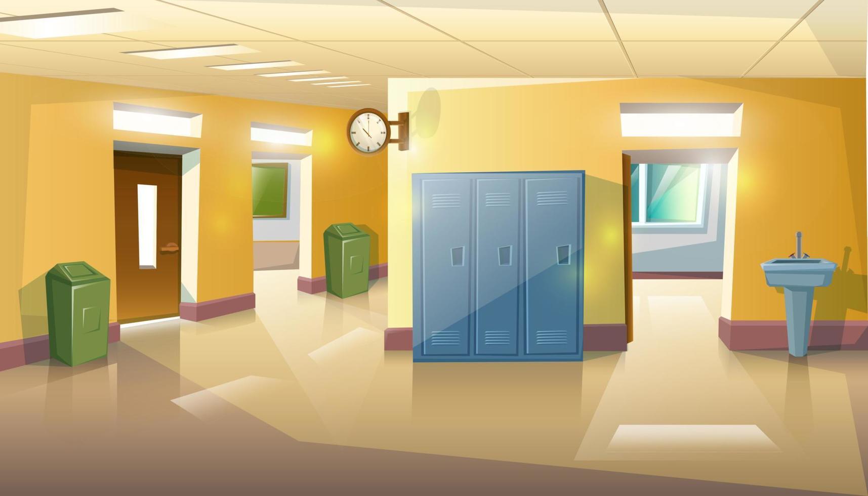 Vector cartoon style school hallway with open doors of classes with study tables and chairs.