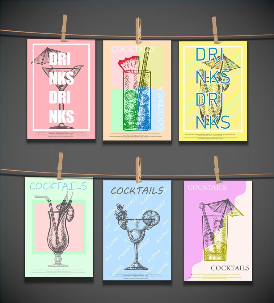 Vector templates of bar menu leaflets of cocktails hanging on the rope.