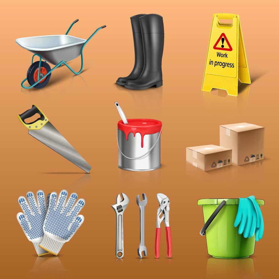 Conjunto de iconos de vector realista 3d de obras de construcción. botas, cubo de pintura, guantes, cajas.