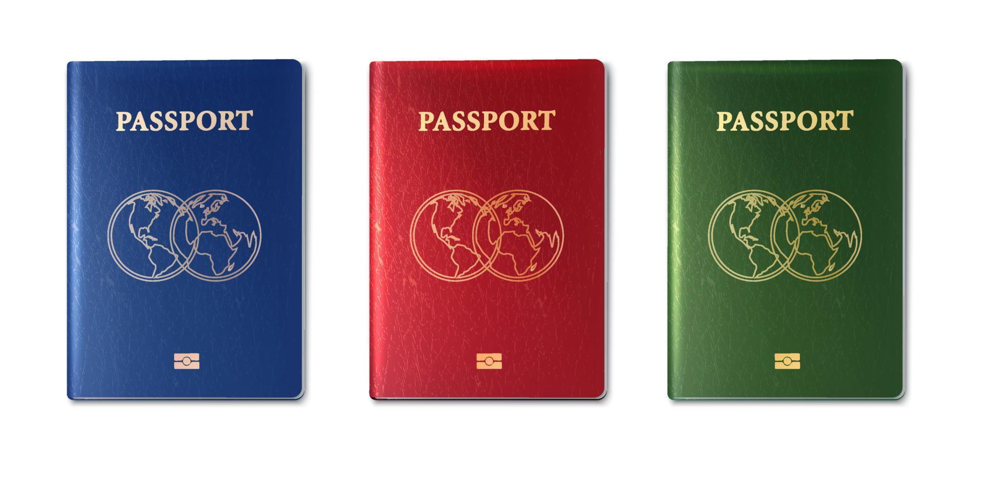 3d realistic vector collection of passports, green, red and blue.