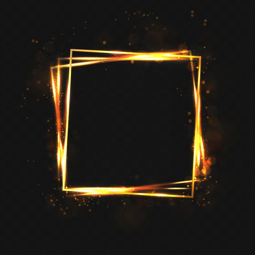 Vector illustration. Golden fire squares with glare and sparcles on dark background.