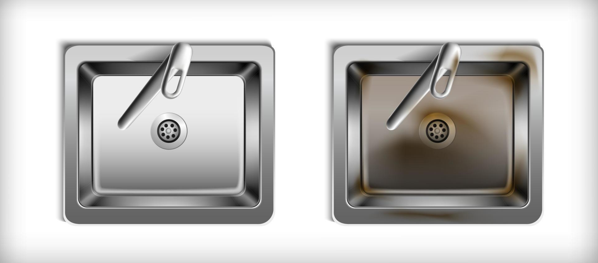 Maqueta vectorial realista en 3d. lavabo de cocina de metal con y sin óxido. vector