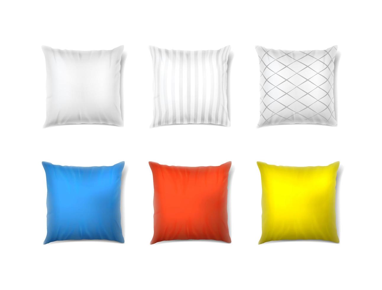 Conjunto de iconos vectoriales realistas en 3D. almohada cuadrada blanca con estampados y rayas, en color, rojo, azul y amarillo. vector