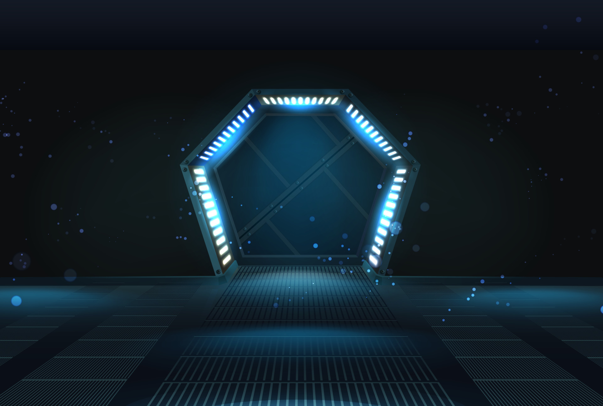 3d realistic vector illustration banner. Sliding hexagonal opening doors with neon lights and