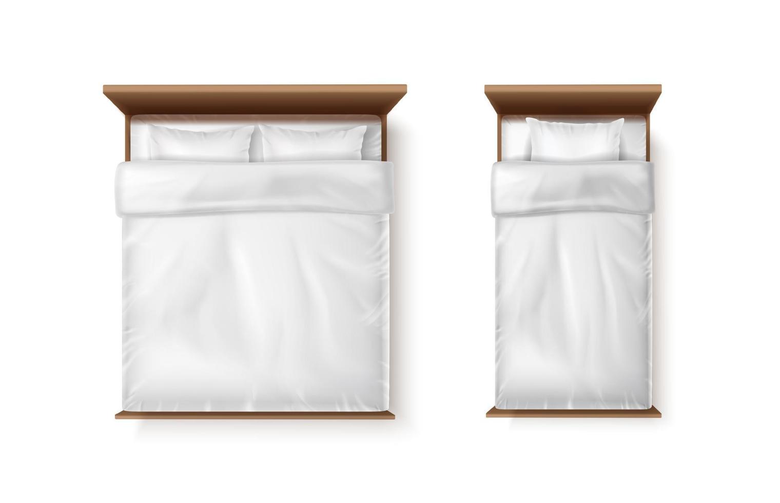 3d realistic vector icon set. Single and double bed with white bedsheets, duvet and two pillows.