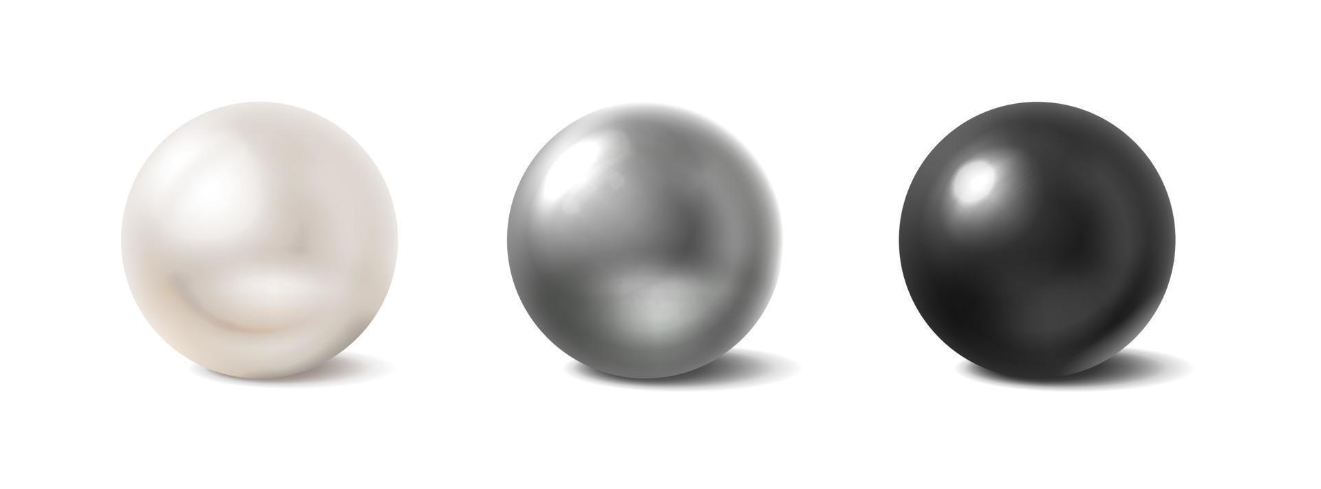 3d realistic vector icon set of pearls. White, grey and black. Isolated on white background.