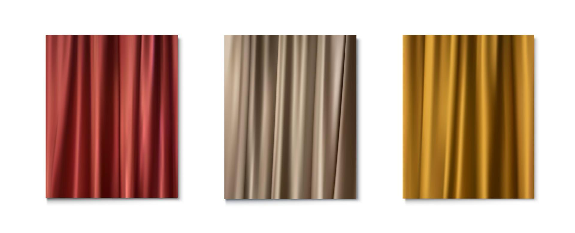 3d realistic vector set  background. Golden, red and bronze flowing satin fabric texture.