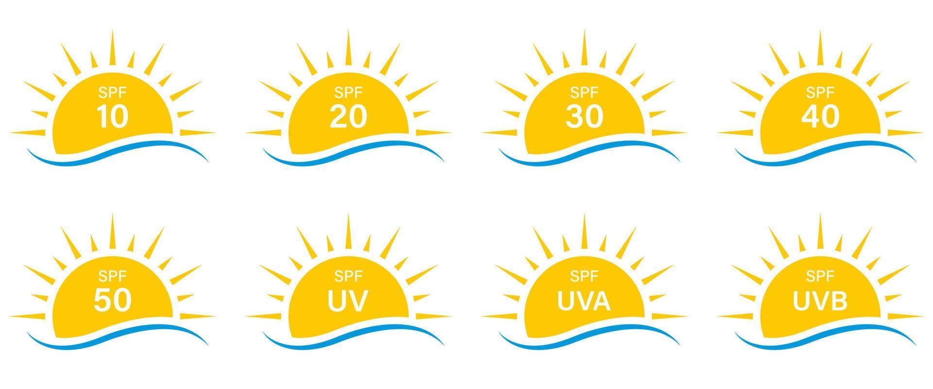 Sun UV Rays SPF 50 40 30 20 10 Protect Radiation Silhouette Icon Set. Summer Sunblock Protection Ultraviolet Rays UVA UVB Defense Skin Glyph Pictogram. Icon. Isolated Vector Illustration