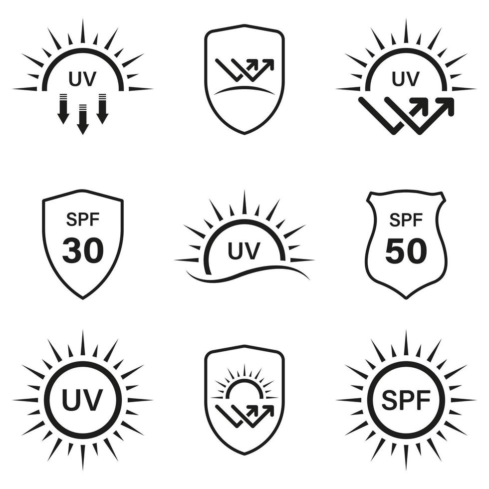 conjunto de iconos de línea spf de protección solar uv. Protector solar que protege la piel de los rayos de radiación ultravioleta pictograma lineal. el bloque refleja el icono de contorno de las flechas de rayos de luz solar. ilustración vectorial aislada vector