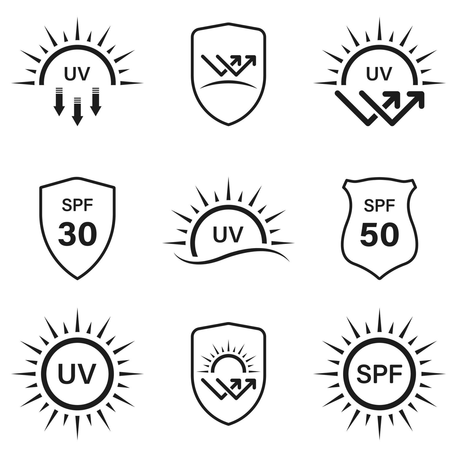 UV Sun Protect SPF Line Icon Set. Sunblock Shield Protection Skin from