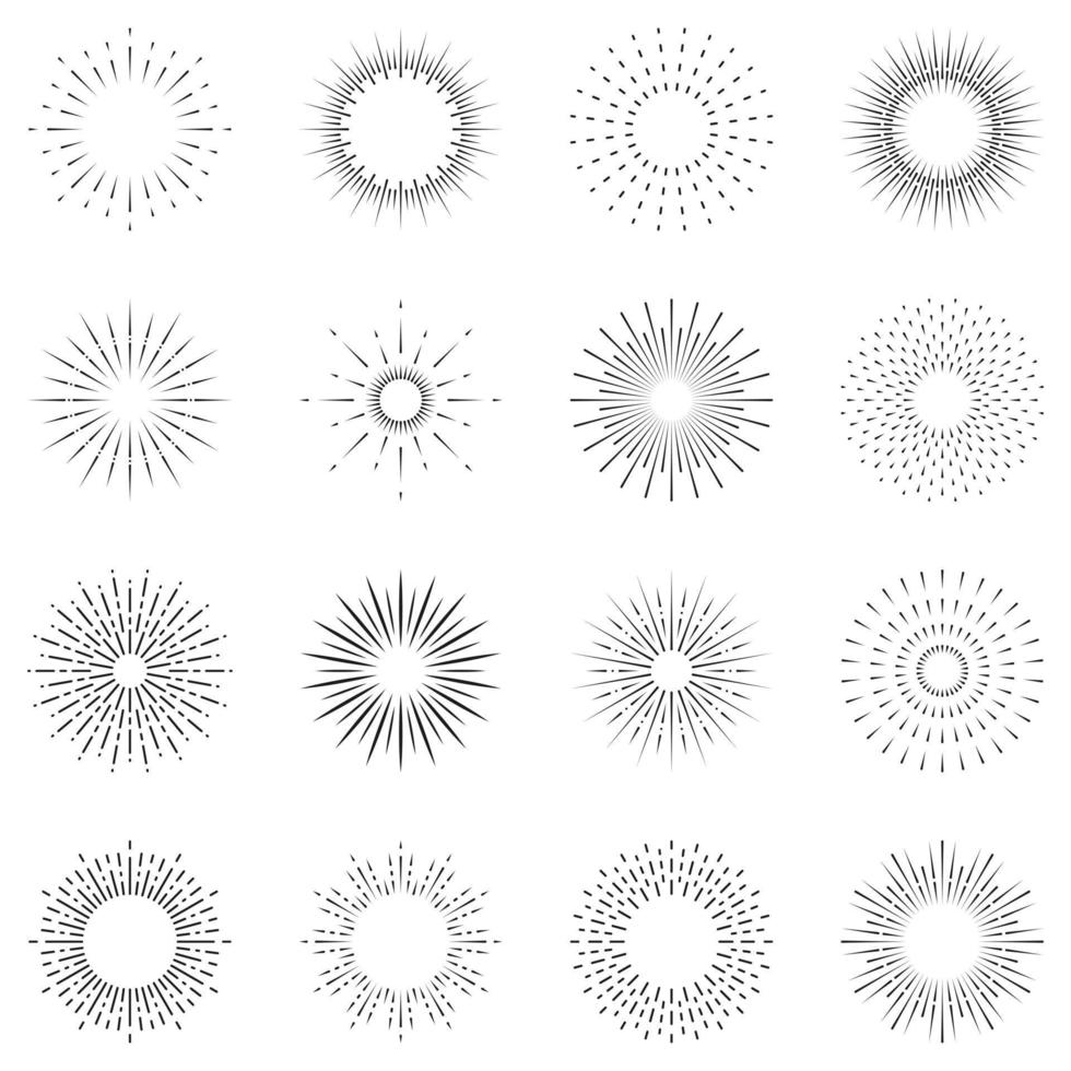 Firework Line Icon Set. Linear Pictogram. Circle Spark Sunburst Star Burst Shine Outline Icon. Starburst Light Explosion. Celebrate Happy Birthday, Merry Christmas Party. Isolated Vector Illustration