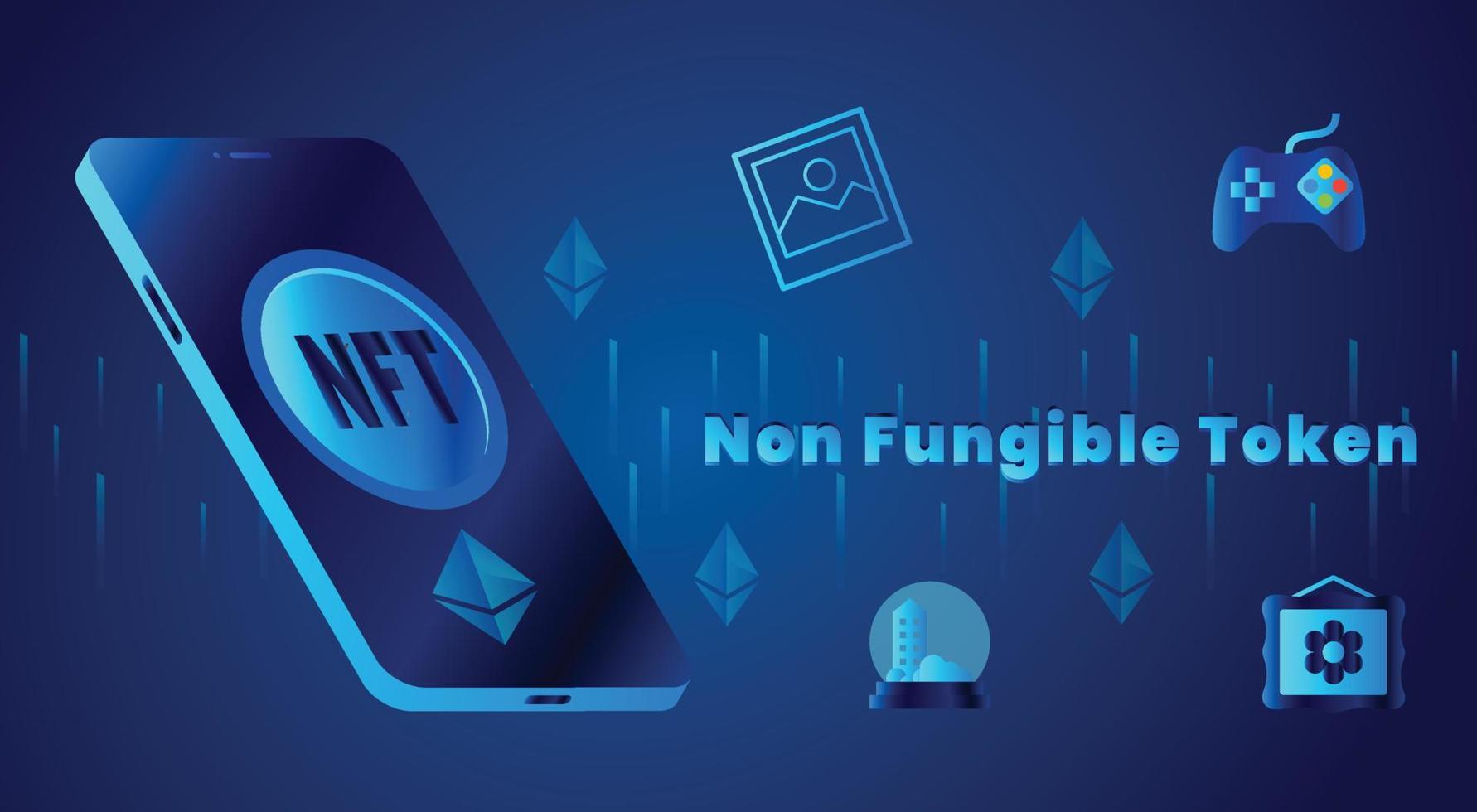 Non Fungible Token NFT futuristic technology concept design with smartphone free vector illustration