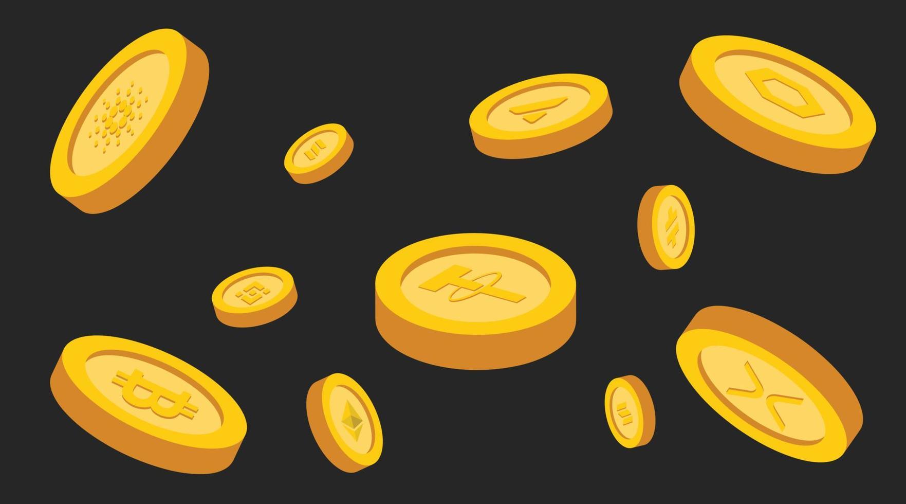 Crypto currency golden coins floating free vector illustration template