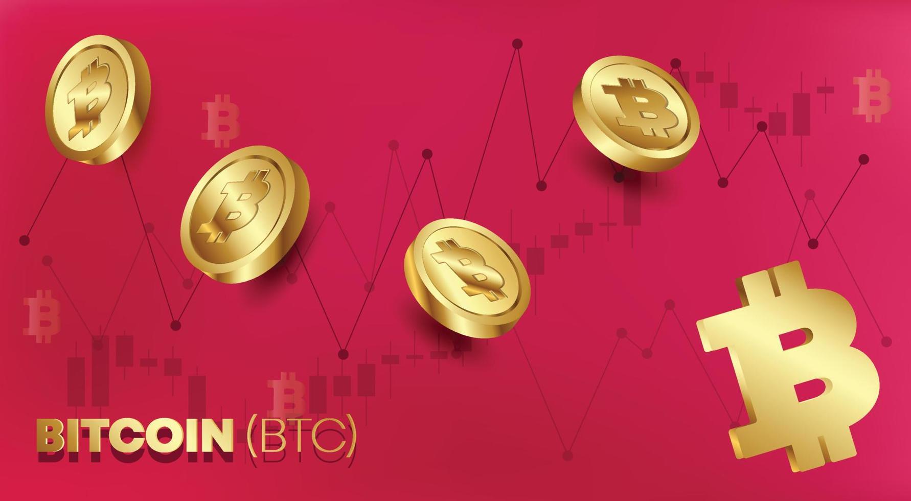 Bitcoin BTC golden coins with financial market graphics background free vector illustration