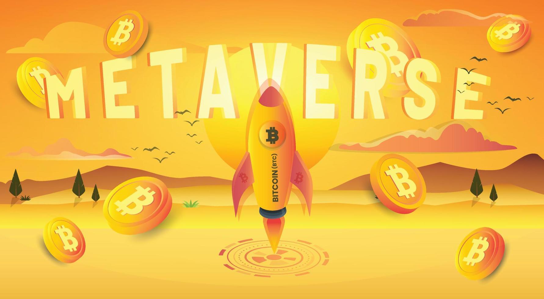 Bitcoin BTC Metaverse concept futuristic landscape free vector illustration template