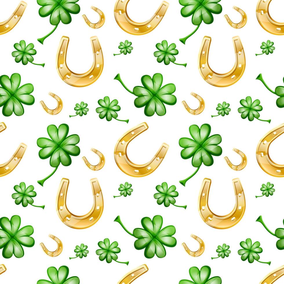 Vector seamless patter of good luck, with horseshoe and clever leaves.