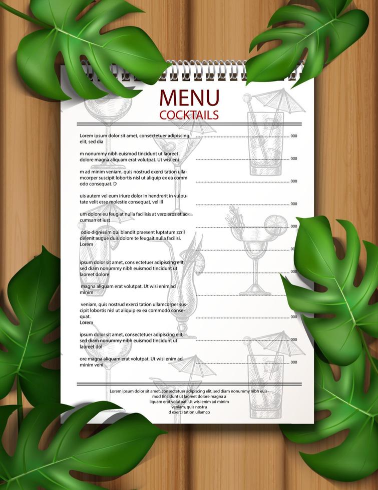 Vector tropical template of bar and restaurant drinks menu with hand drawn cocktails on wooden background with green leaves.