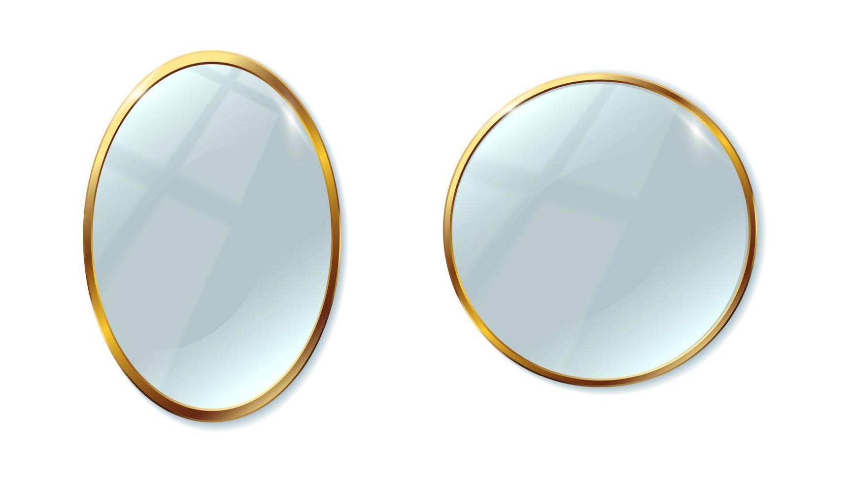 3d realistic vector icon set. Two mirrors with gold frame oval and round. Isolated on white background.