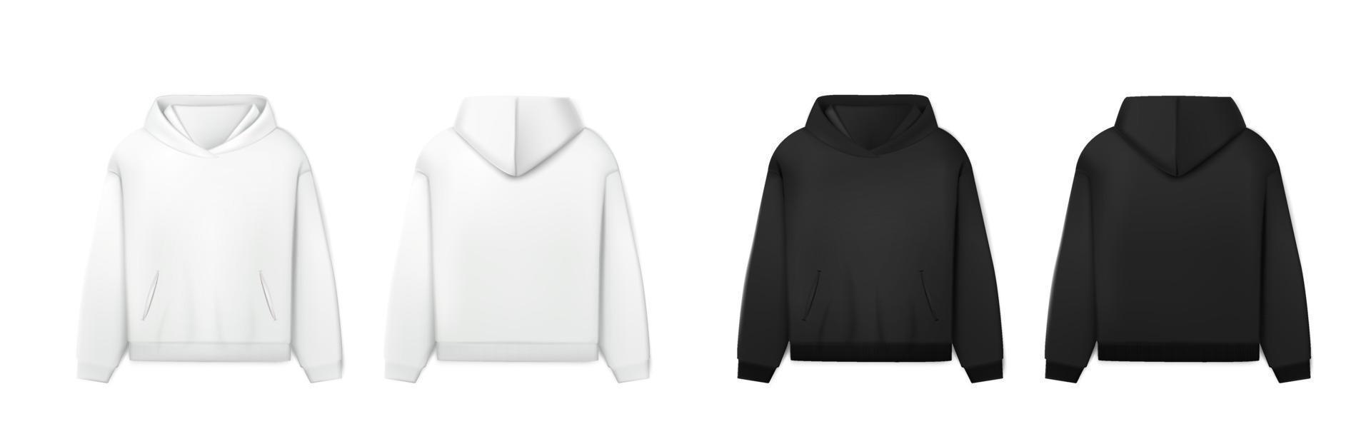 Icono de vector realista 3d. sudadera con capucha en blanco y negro. sudadera de hombre en vista frontal y lateral.