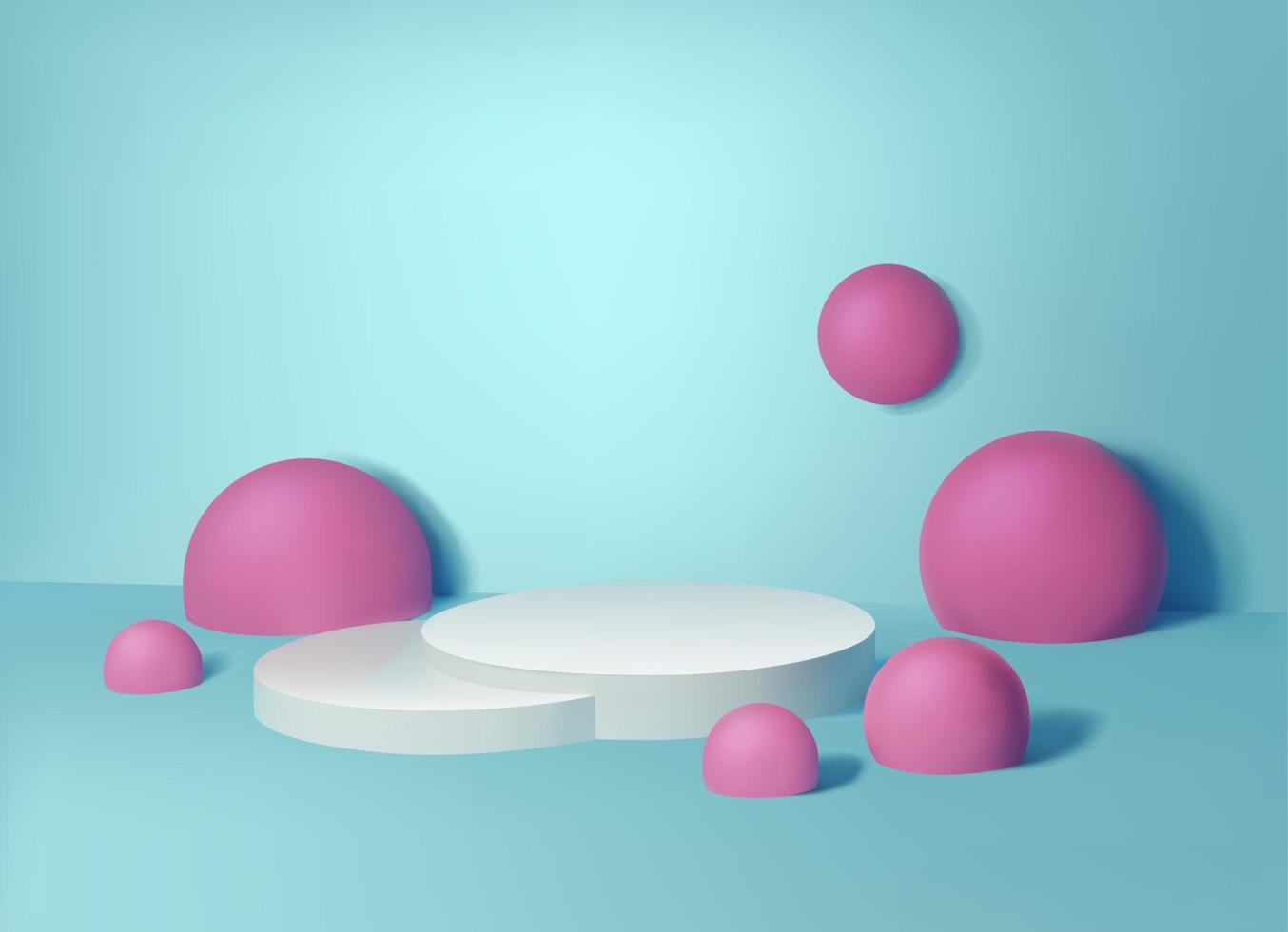 Fondo de vector realista 3d. soporte blanco de belleza con bolas rosas alrededor. Exhibición de cosméticos y productos.