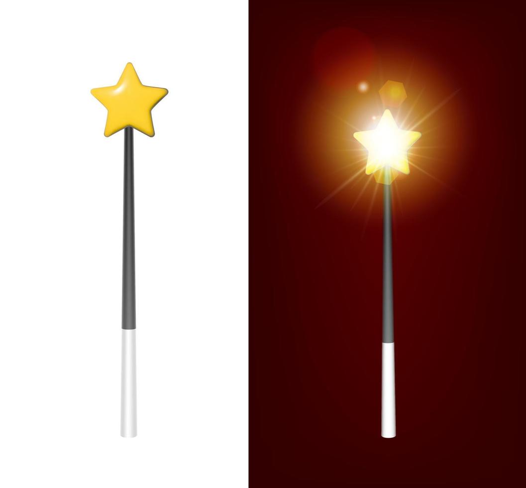 Icono de vector realista 3d. varita mágica con una estrella brillando en la oscuridad.