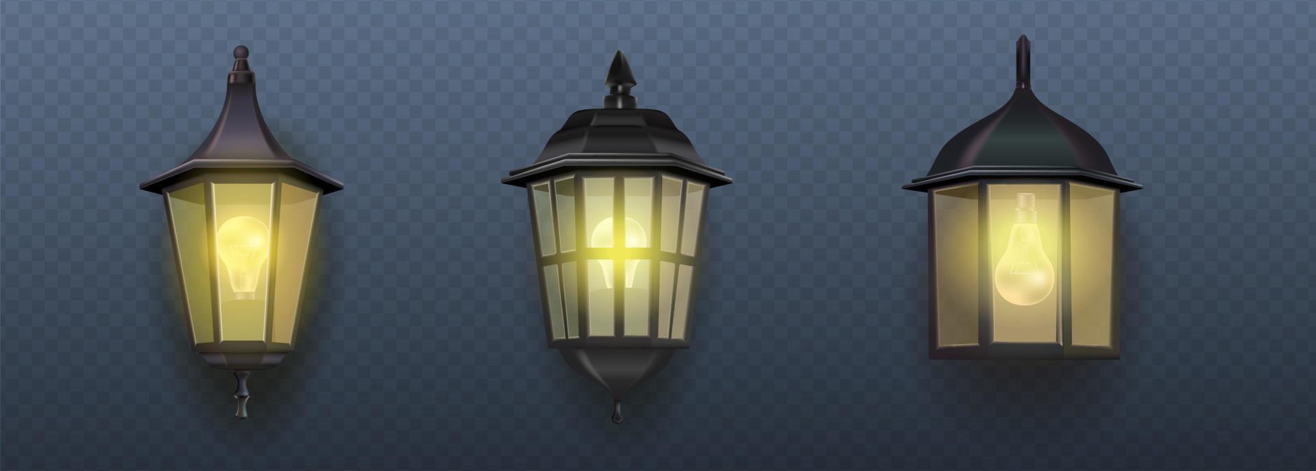 Icono de vector realista 3d. colección de lámparas de luz de jardín de pared exterior en diferentes estilos. luz de la calle. lámpara de electricidad de metal de estilo antiguo.