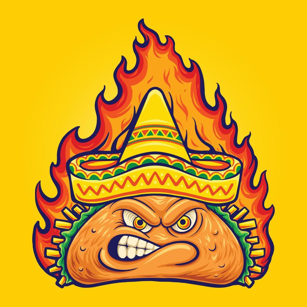 delicioso taco mexicano enojado con ilustraciones de fuego ardiente vector