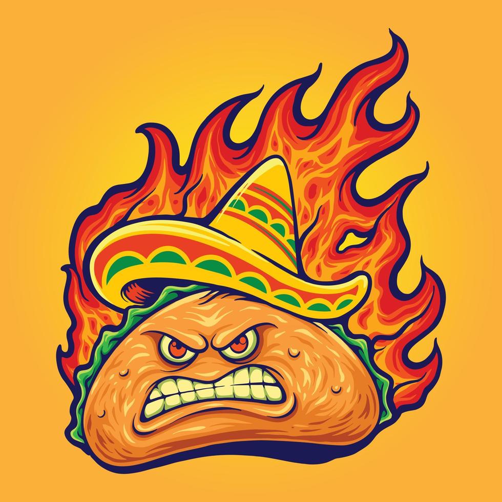 Angry delicious mexican taco with blazing fire illustrations vector