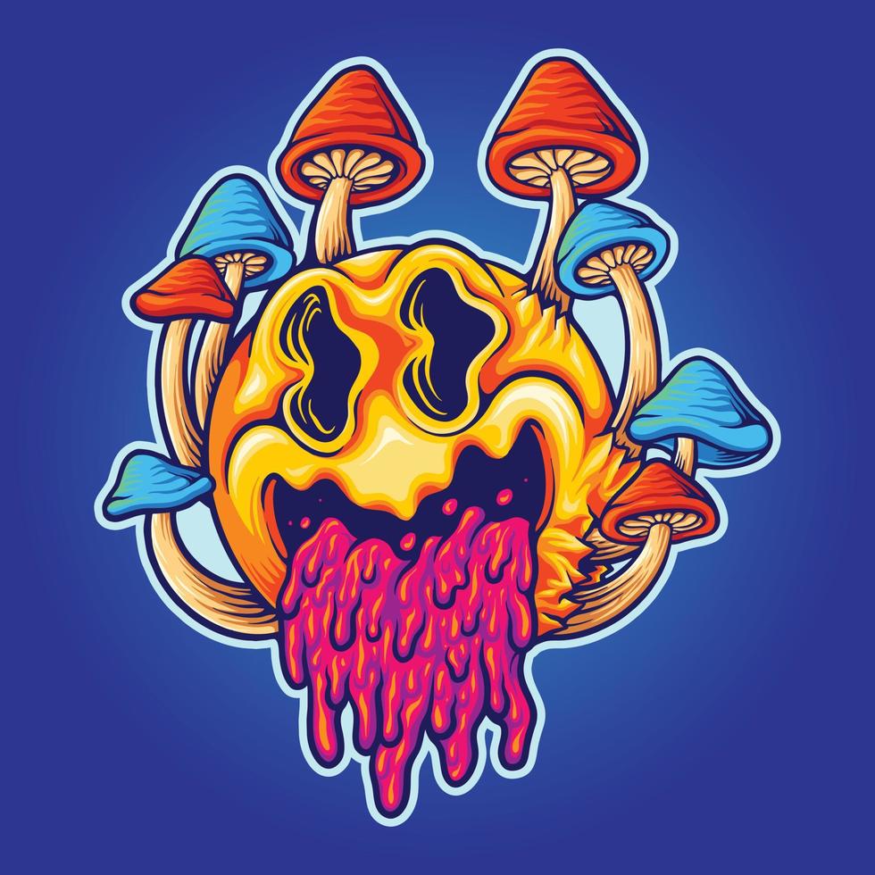 Scary psychedelic mushrooms cartoon colorful illustrations vector