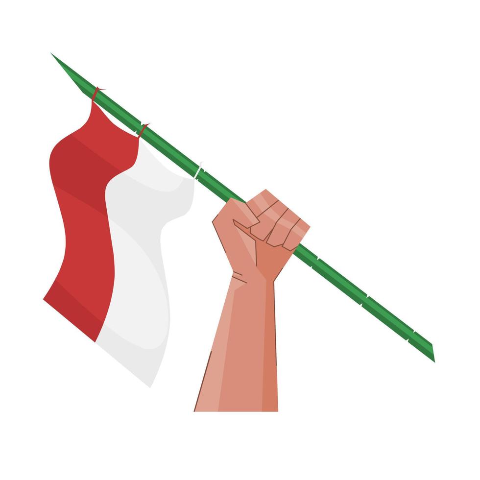 ilustración plana de manos sosteniendo la bandera indonesia roja y blanca con un palo de bambú puntiagudo vector