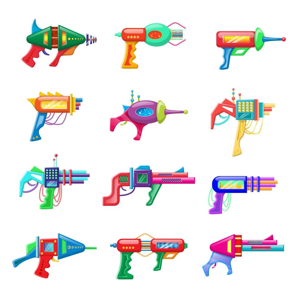 Collection of vector cartoon style flat illustration of futuristic colorful blasters isolated on white background.