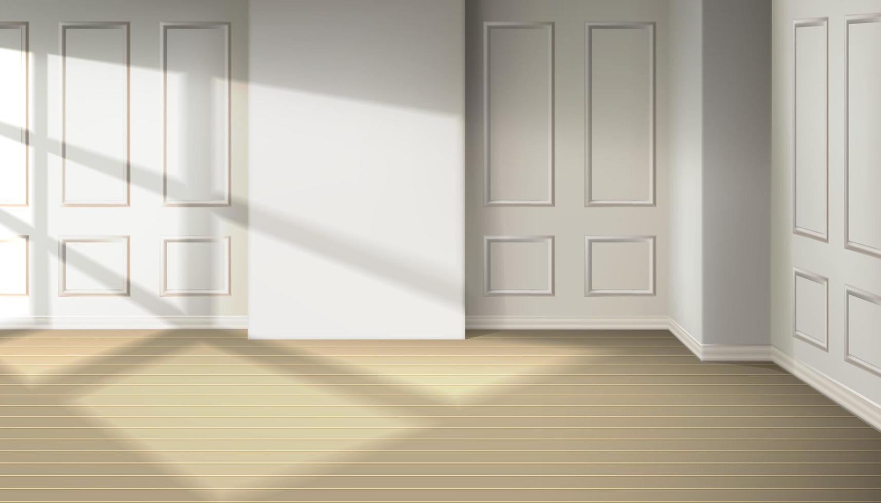 Habitación vectorial realista en 3d con luz desde la ventana. interior de diseño de habitación de apartamento, oficina. efecto de sombra natural desde la ventana en el suelo de madera. vector