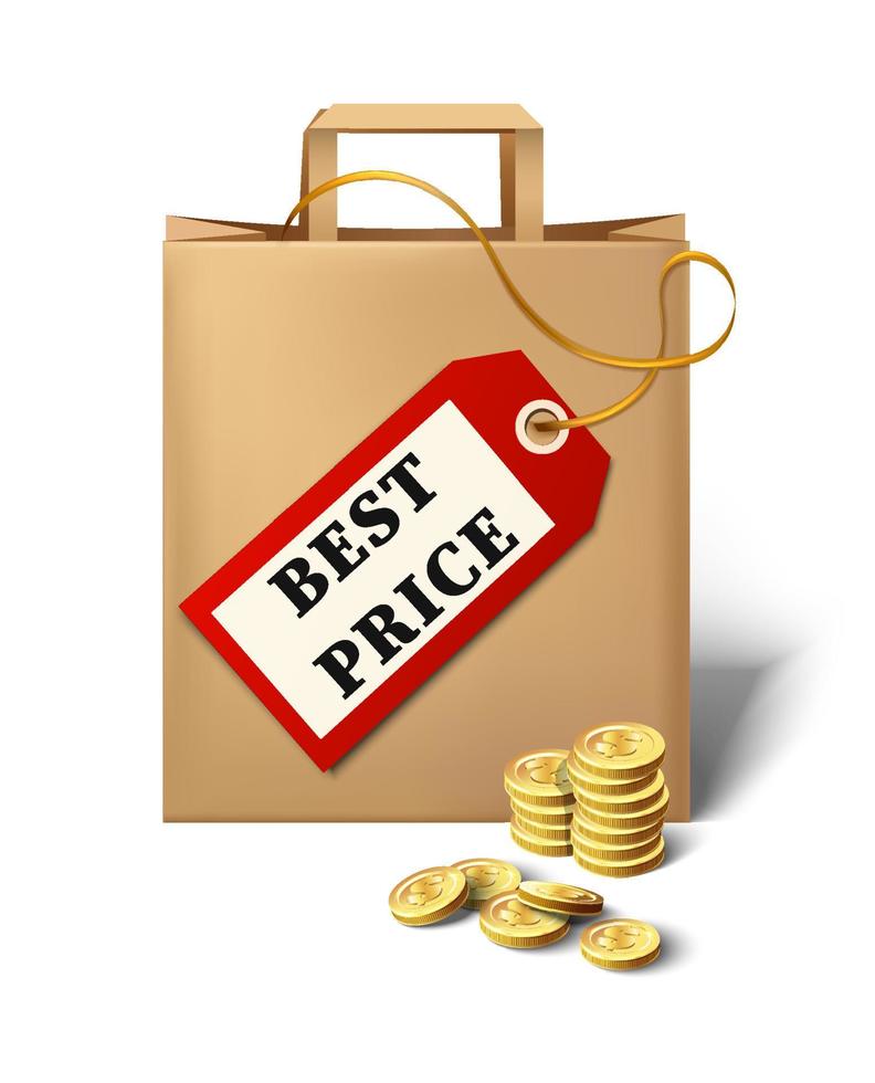 3d realistic vector best price icon with cartoon paper bag, price tag and golden coins.