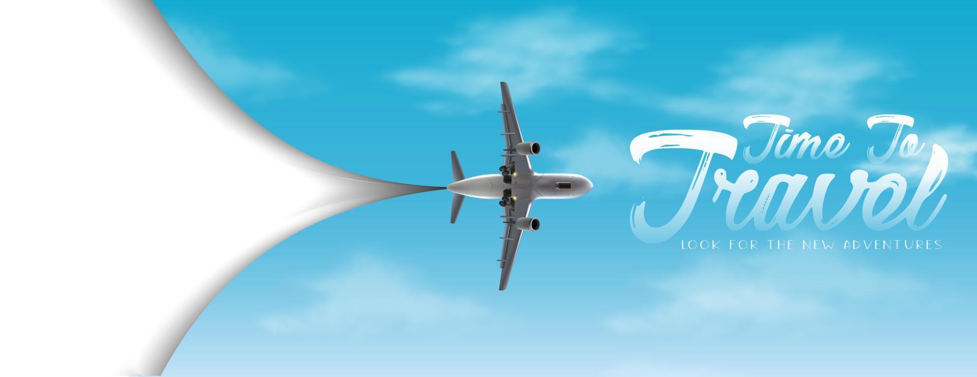 Time to travel vector flyer with white copy space and sky with airplane.