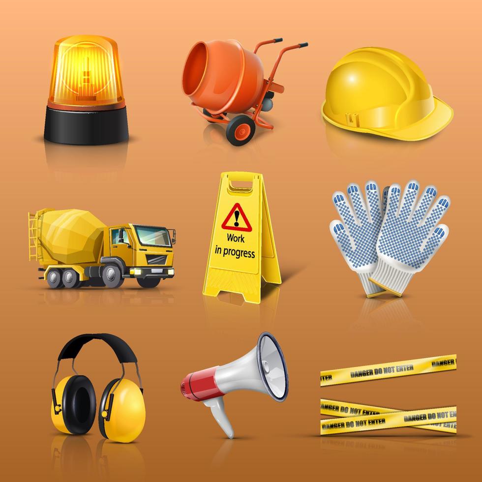 3d realistic vector icon set of construction works. Warning light, helmet, truck, warning.