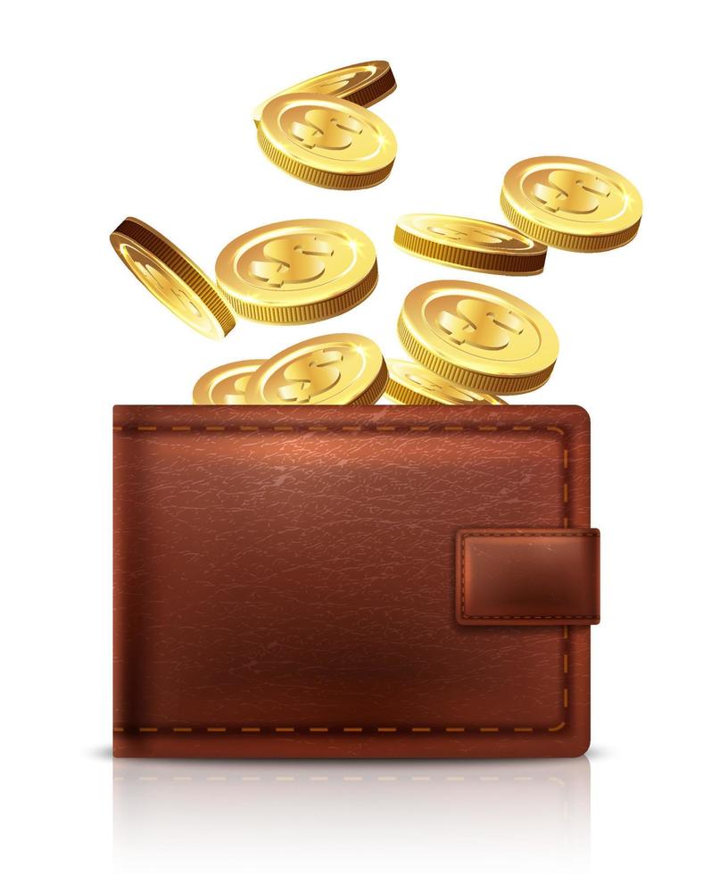 3d realistic vector leather wallet with golden coins falling in it. Isolated on white background.