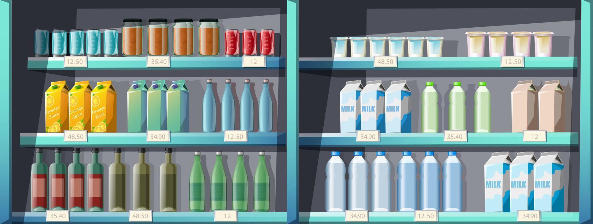 Vector seamless cartoon style supermarket shelves with products, food, drinks.