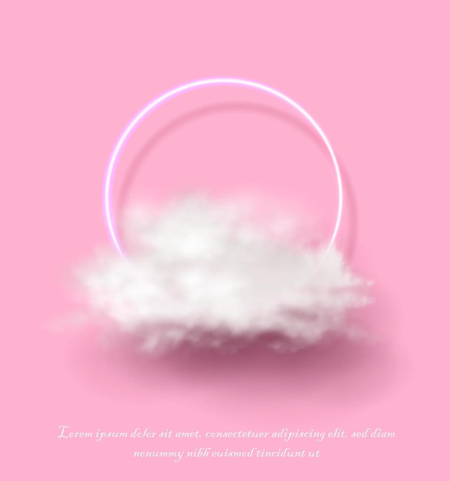 Bandera de ilustración vectorial realista 3d. fondo rosa con círculo de neón y nube blanca. vector