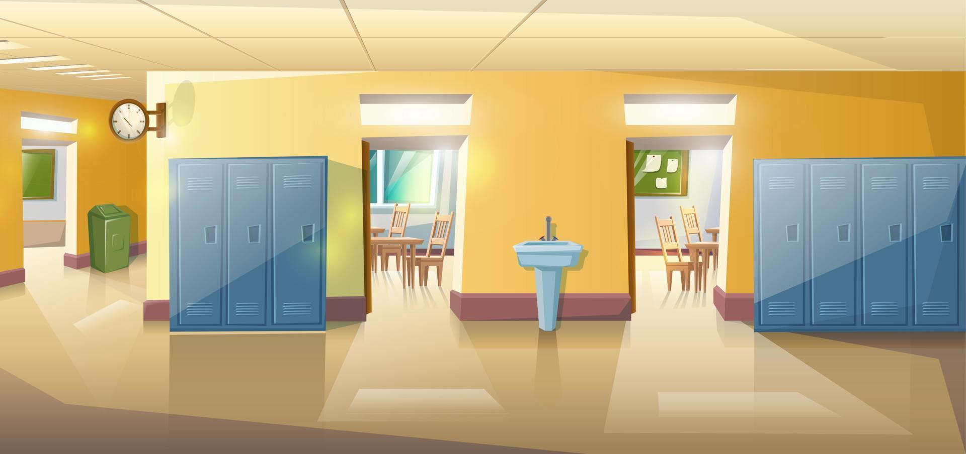 estilo de dibujos animados vectoriales vacío sin alumnos pasillo de la escuela con puertas y reloj en la pared. vector
