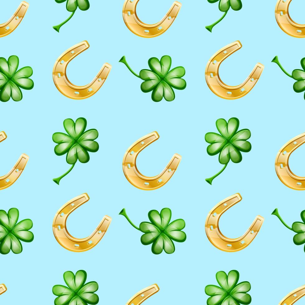 Vector seamless patter of good luck, with horseshoe and clever leaves on azure background.