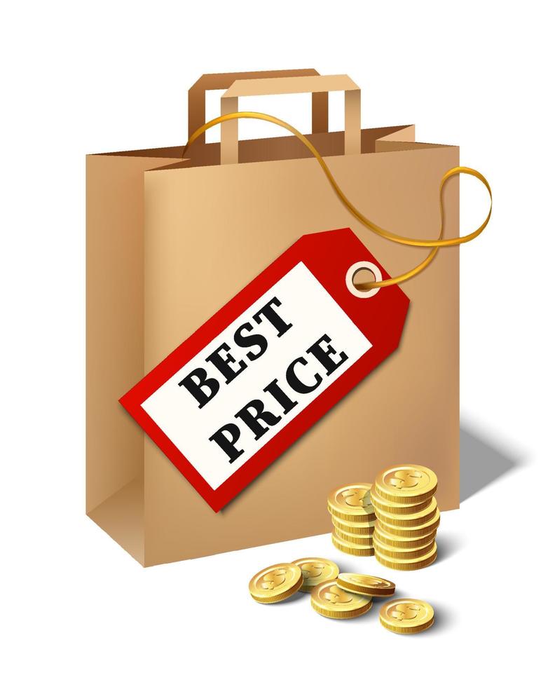3d realistic vector best price icon with cartoon paper bag, price tag and golden coins.