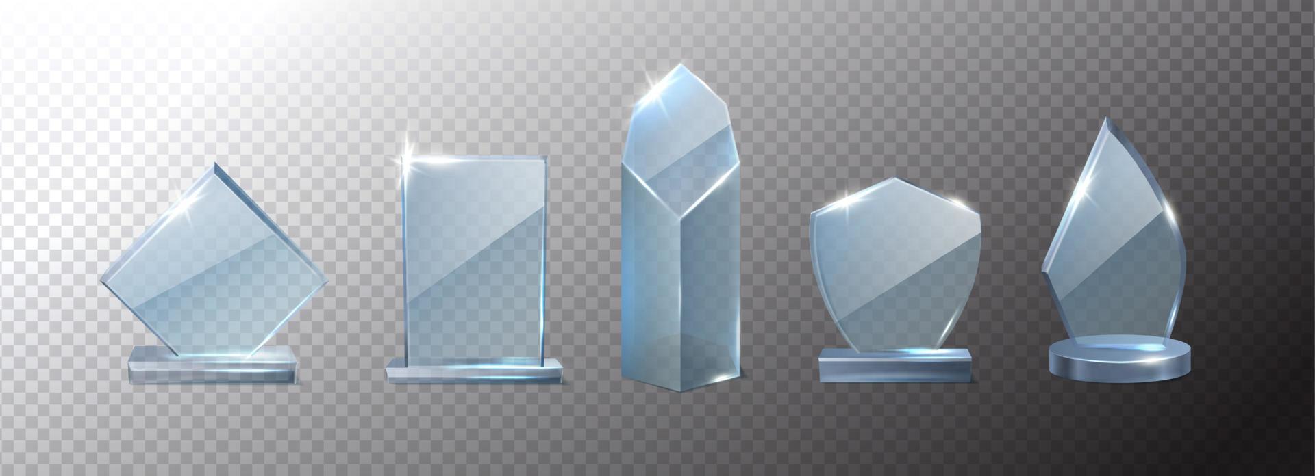 3d realistic vector icon set. Collection of different shapes bases glass crystal trophy.